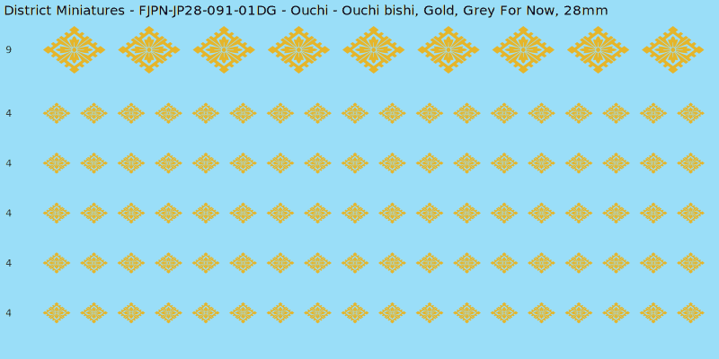 Ouchi clan mon, Yellow/Gold waterslide decal sheet, Grey For Now banner sizes, 28mm