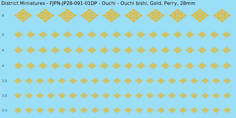Ouchi clan mon, Yellow/Gold waterslide decal sheet, Perry banner sizes, 28mm