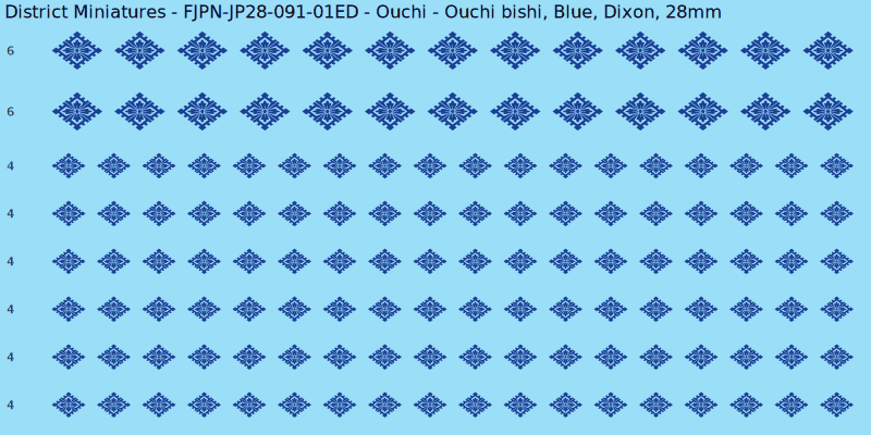 Ouchi clan mon, Blue waterslide decal sheet, Dixon banner sizes, 28mm
