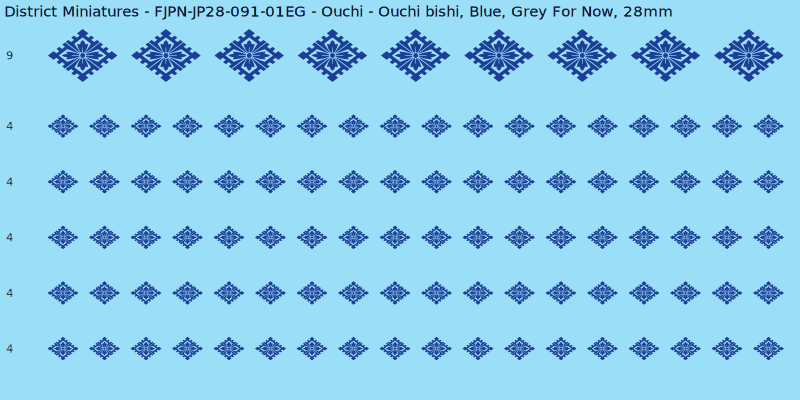 Ouchi clan mon, Blue waterslide decal sheet, Grey For Now banner sizes, 28mm