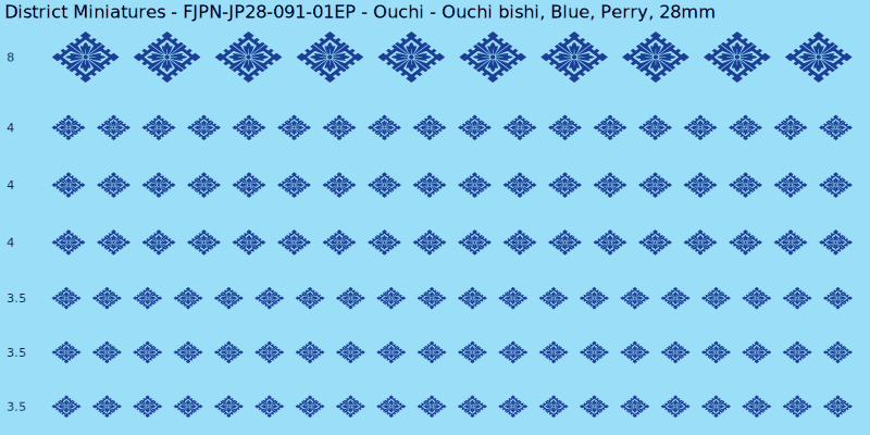 Ouchi clan mon, Blue waterslide decal sheet, Perry banner sizes, 28mm