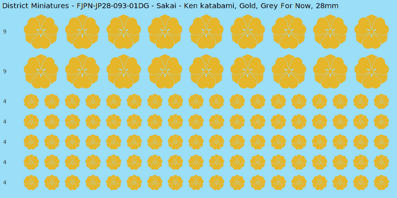 Sakai clan mon, Yellow/Gold waterslide decal sheet, Grey For Now banner sizes, 28mm