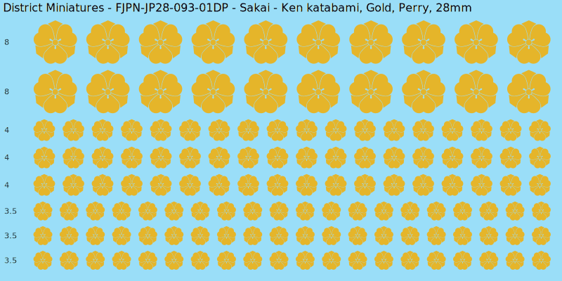 Sakai clan mon, Yellow/Gold waterslide decal sheet, Perry banner sizes, 28mm