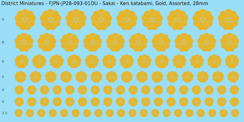 Sakai clan mon, Yellow/Gold waterslide decal sheet, Assorted banner sizes, 28mm