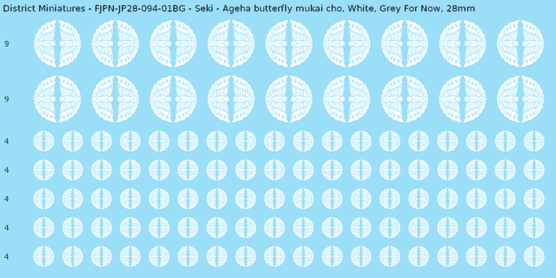 Seki clan mon, White waterslide decal sheet, Grey For Now banner sizes, 28mm