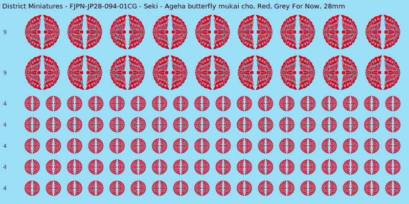 Seki clan mon, Red waterslide decal sheet, Grey For Now banner sizes, 28mm