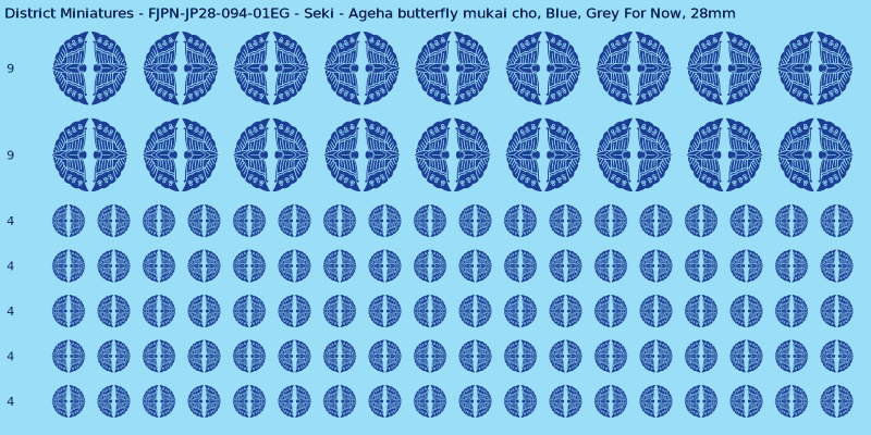 Seki clan mon, Blue waterslide decal sheet, Grey For Now banner sizes, 28mm