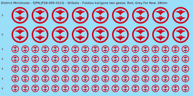 Shibata clan mon, Red waterslide decal sheet, Grey For Now banner sizes, 28mm