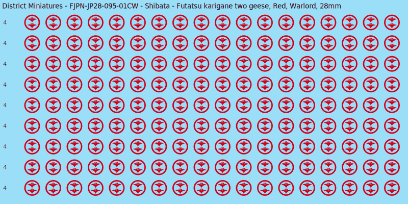 Shibata clan mon, Red waterslide decal sheet, Warlord banner sizes, 28mm