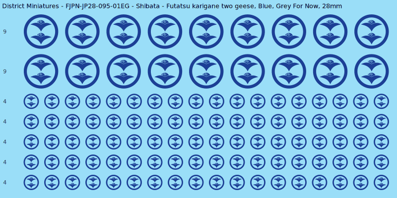 Shibata clan mon, Blue waterslide decal sheet, Grey For Now banner sizes, 28mm