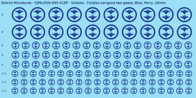 Shibata clan mon, Blue waterslide decal sheet, Perry banner sizes, 28mm