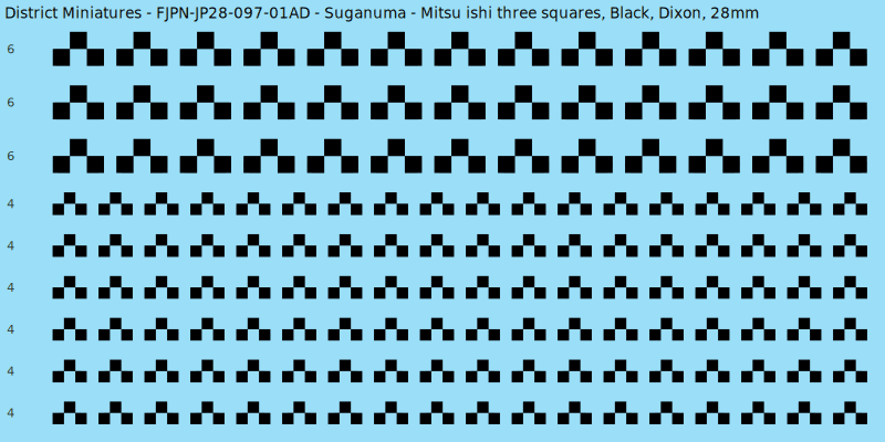Suganuma clan mon, Black waterslide decal sheet, Dixon banner sizes, 28mm