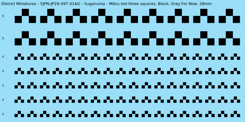 Suganuma clan mon, Black waterslide decal sheet, Grey For Now banner sizes, 28mm