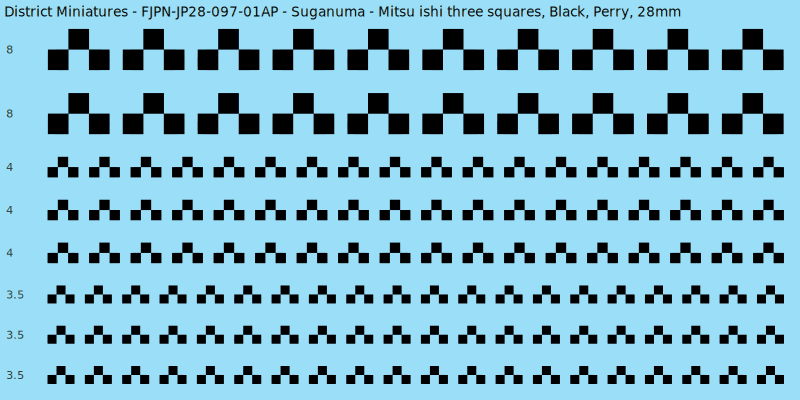 Suganuma clan mon, Black waterslide decal sheet, Perry banner sizes, 28mm