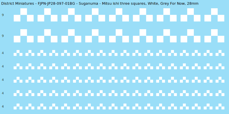 Suganuma clan mon, White waterslide decal sheet, Grey For Now banner sizes, 28mm