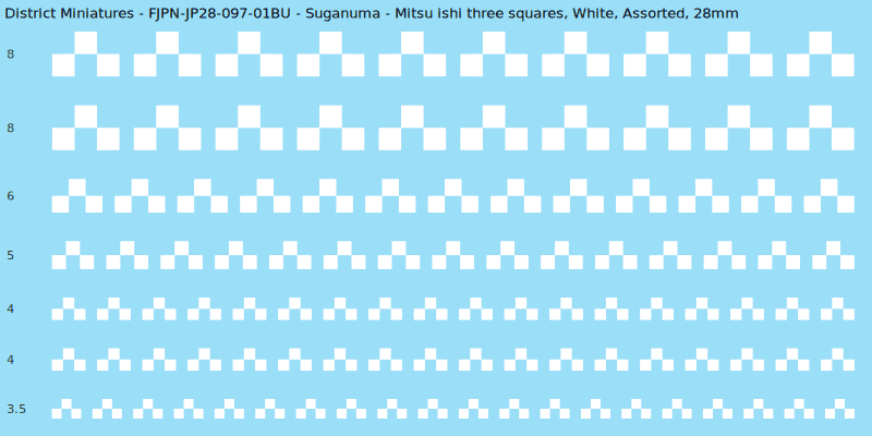 Suganuma clan mon, Mitsu ishi three squares, White waterslide decal sheet, 28mm