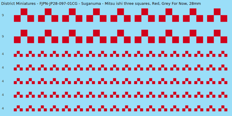 Suganuma clan mon, Red waterslide decal sheet, Grey For Now banner sizes, 28mm