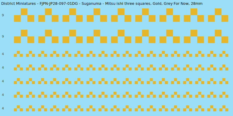 Suganuma clan mon, Yellow/Gold waterslide decal sheet, Grey For Now banner sizes, 28mm