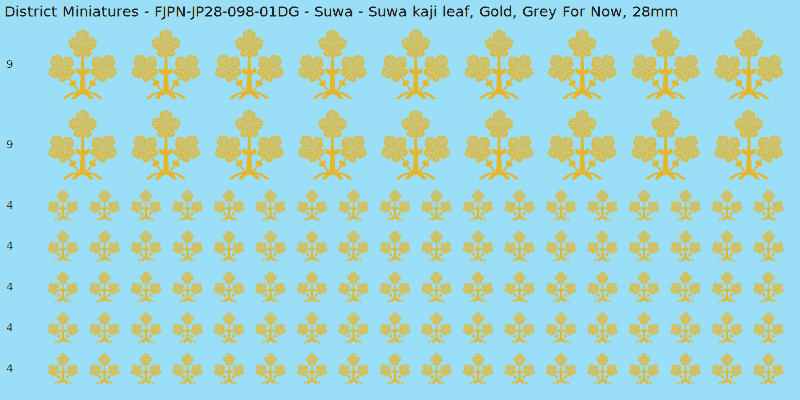 Suwa clan mon, Yellow/Gold waterslide decal sheet, Grey For Now banner sizes, 28mm