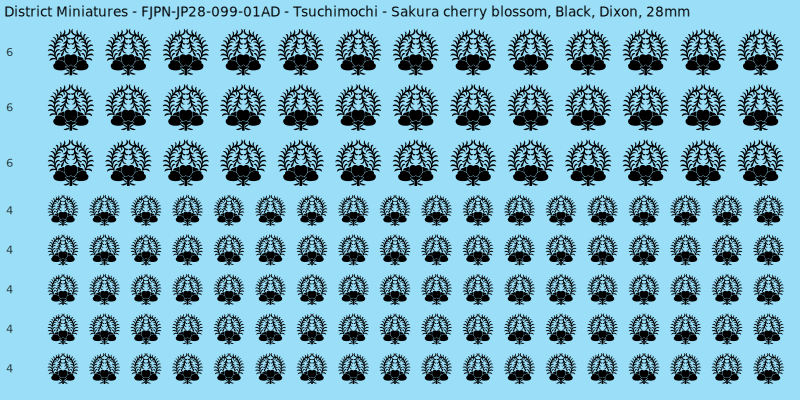 Tsuchimochi clan mon, Black waterslide decal sheet, Dixon banner sizes, 28mm