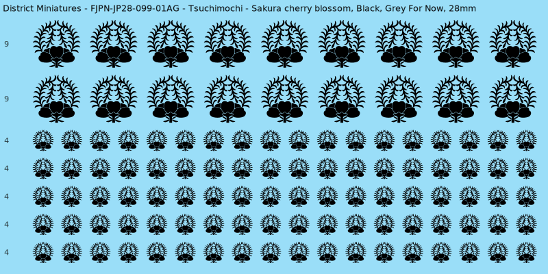 Tsuchimochi clan mon, Black waterslide decal sheet, Grey For Now banner sizes, 28mm