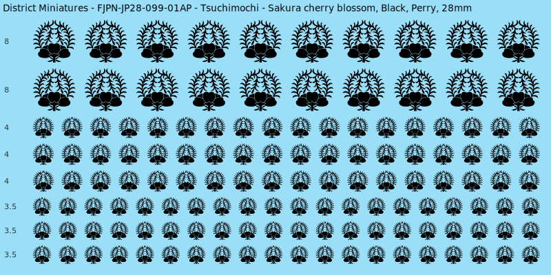 Tsuchimochi clan mon, Black waterslide decal sheet, Perry banner sizes, 28mm