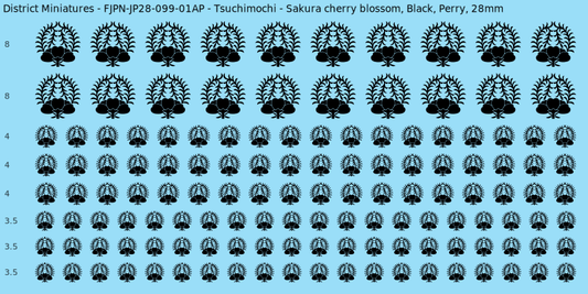 Tsuchimochi clan mon, Black waterslide decal sheet, Perry banner sizes, 28mm