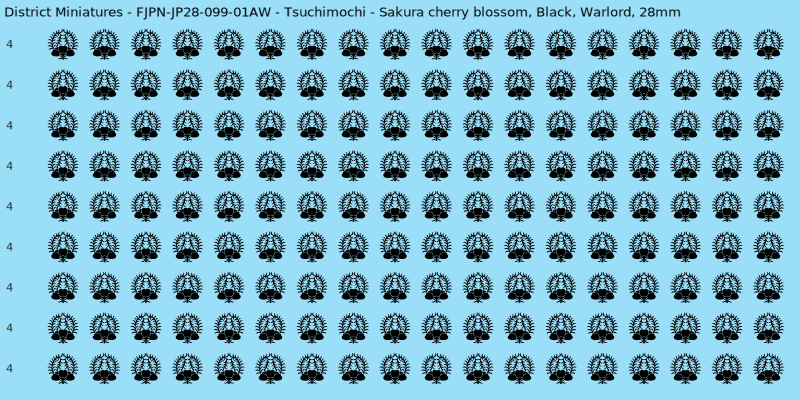 Tsuchimochi clan mon, Black waterslide decal sheet, Warlord banner sizes, 28mm