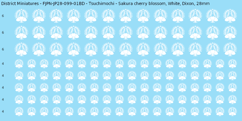 Tsuchimochi clan mon, White waterslide decal sheet, Dixon banner sizes, 28mm