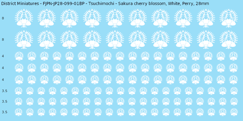 Tsuchimochi clan mon, White waterslide decal sheet, Perry banner sizes, 28mm