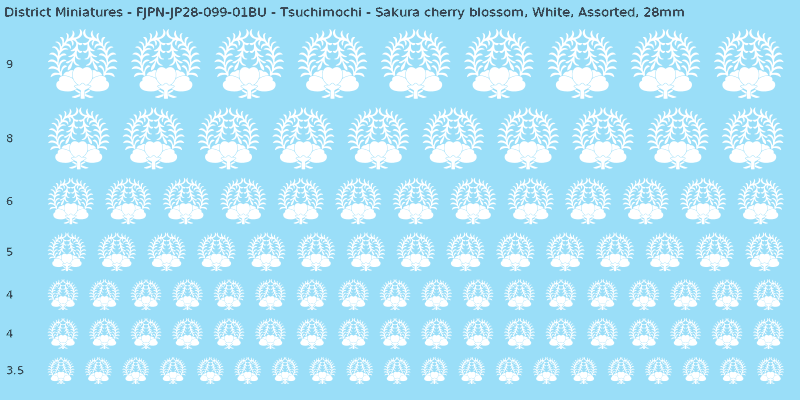 Tsuchimochi clan mon, Sakura cherry blossom, White waterslide decal sheet, 28mm