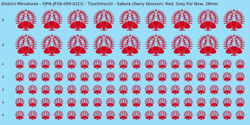 Tsuchimochi clan mon, Red waterslide decal sheet, Grey For Now banner sizes, 28mm