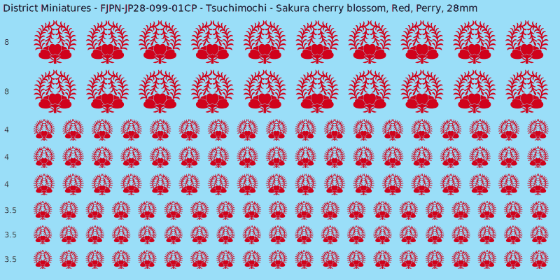 Tsuchimochi clan mon, Red waterslide decal sheet, Perry banner sizes, 28mm