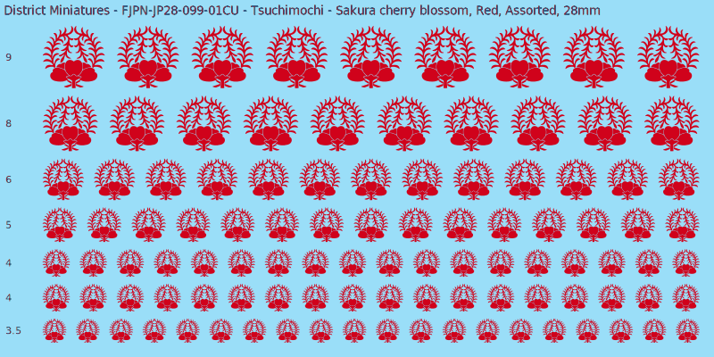 Tsuchimochi clan mon, Red waterslide decal sheet, Assorted banner sizes, 28mm