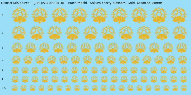 Tsuchimochi clan mon, Yellow/Gold waterslide decal sheet, Assorted banner sizes, 28mm