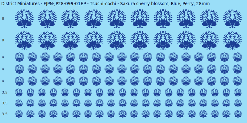 Tsuchimochi clan mon, Blue waterslide decal sheet, Perry banner sizes, 28mm