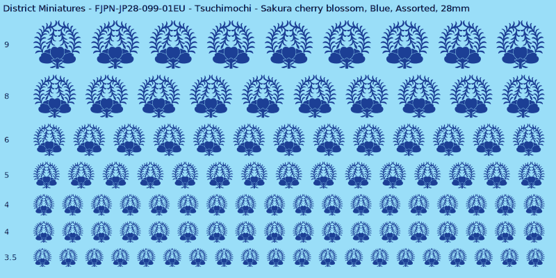 Tsuchimochi clan mon, Blue waterslide decal sheet, Assorted banner sizes, 28mm