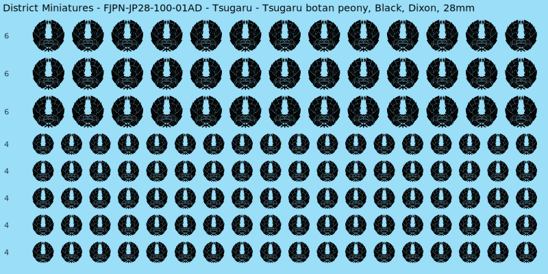 Tsugaru clan mon, Black waterslide decal sheet, Dixon banner sizes, 28mm