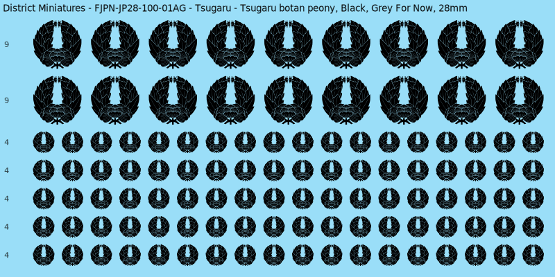 Tsugaru clan mon, Black waterslide decal sheet, Grey For Now banner sizes, 28mm