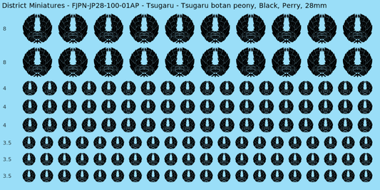 Tsugaru clan mon, Black waterslide decal sheet, Perry banner sizes, 28mm