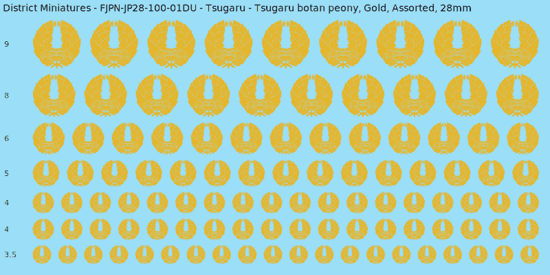 Tsugaru clan mon, Tsugaru botan peony, Gold waterslide decal sheet, 28mm