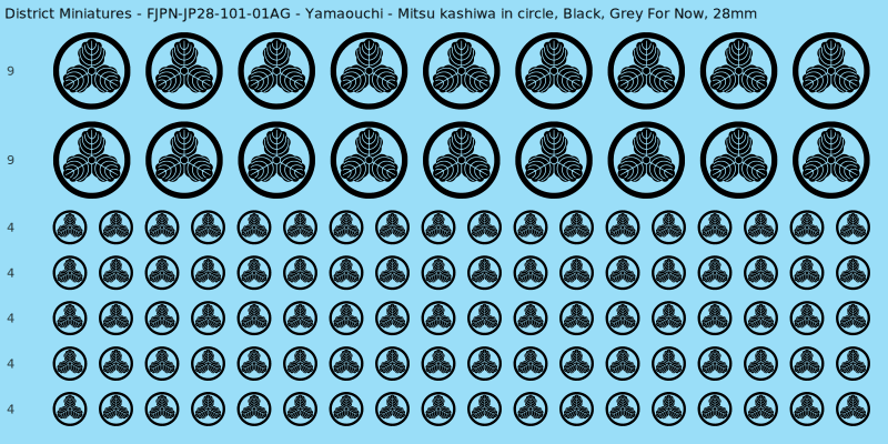 Yamaouchi clan mon, Black waterslide decal sheet, Grey For Now banner sizes, 28mm