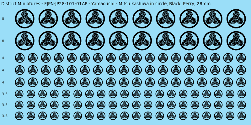 Yamaouchi clan mon, Black waterslide decal sheet, Perry banner sizes, 28mm