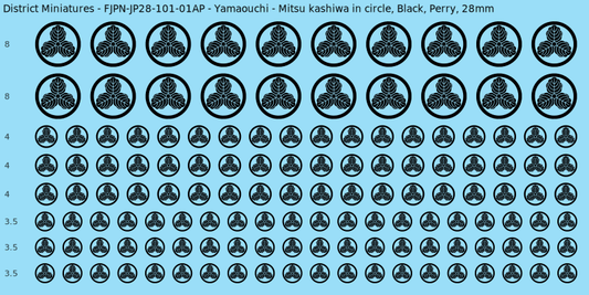 Yamaouchi clan mon, Black waterslide decal sheet, Perry banner sizes, 28mm