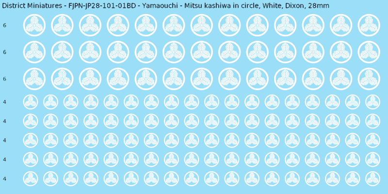 Yamaouchi clan mon, White waterslide decal sheet, Dixon banner sizes, 28mm
