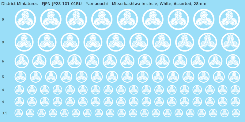Yamaouchi clan mon, Mitsu kashiwa in circle, White waterslide decal sheet, 28mm