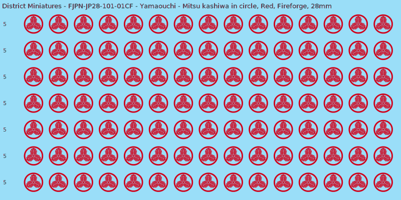 Yamaouchi clan mon, Red waterslide decal sheet, Fireforge banner sizes, 28mm