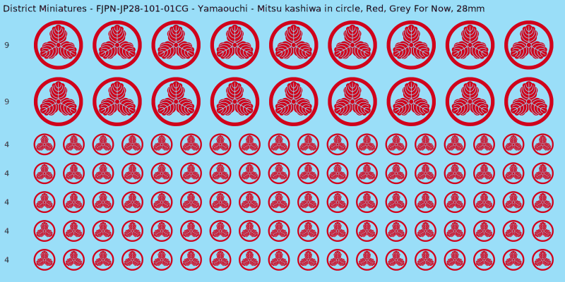 Yamaouchi clan mon, Red waterslide decal sheet, Grey For Now banner sizes, 28mm