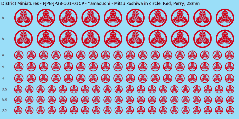 Yamaouchi clan mon, Red waterslide decal sheet, Perry banner sizes, 28mm