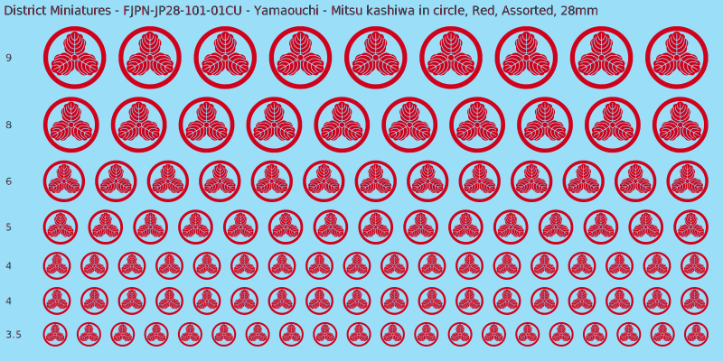 Yamaouchi clan mon, Mitsu kashiwa in circle, Red waterslide decal sheet, 28mm